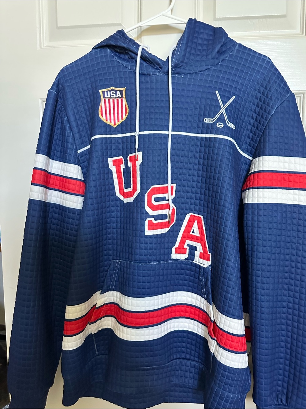 Men's Navy USA Quilted Hoodie with Red & White Stripe Accents